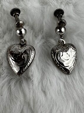Ladye Fayre Vintage Sterling Etched Heart Screw Back Earrings
